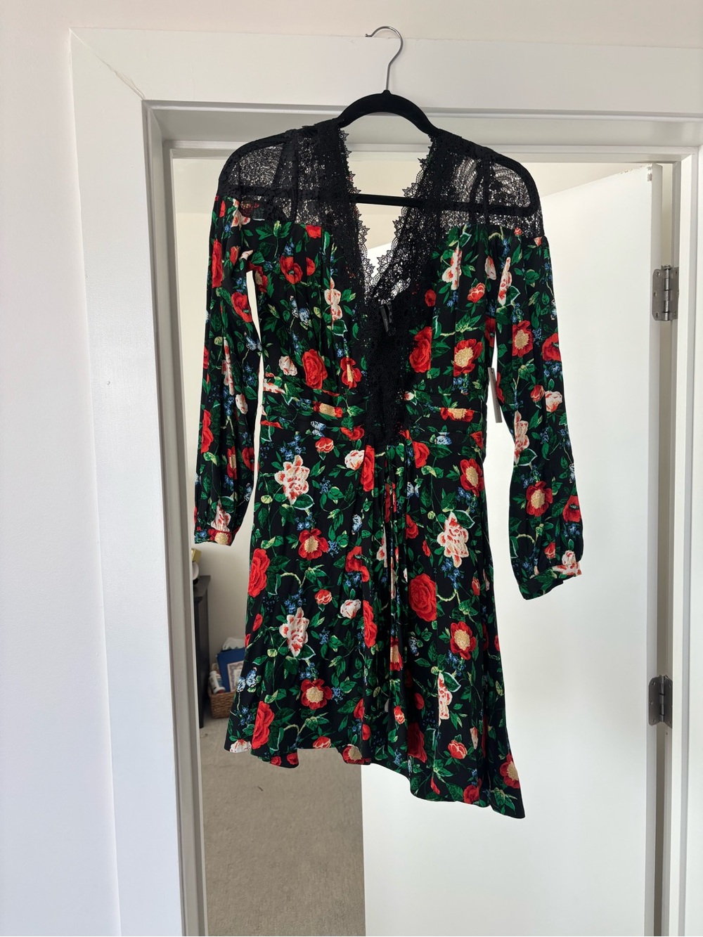 Floral Lace-Trim Women's Dress - Black with Red & Pink Floral